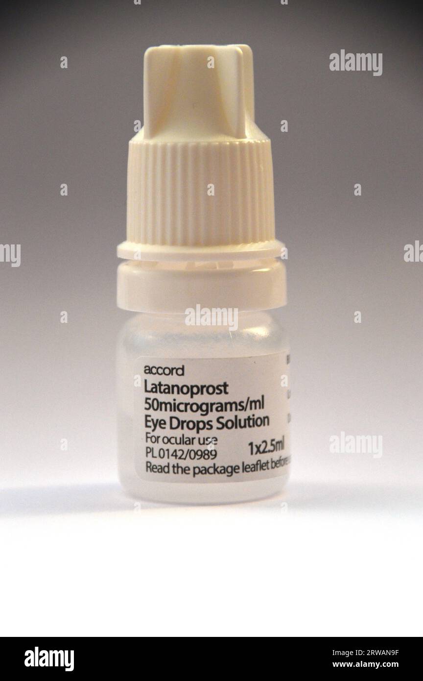Small Bottle of Latanoprost 50mg/ml + 1mg/ml Daily Eye Drop Solution by Accord to Treat Glaucoma and Ocular Hypertension. Stock Photo