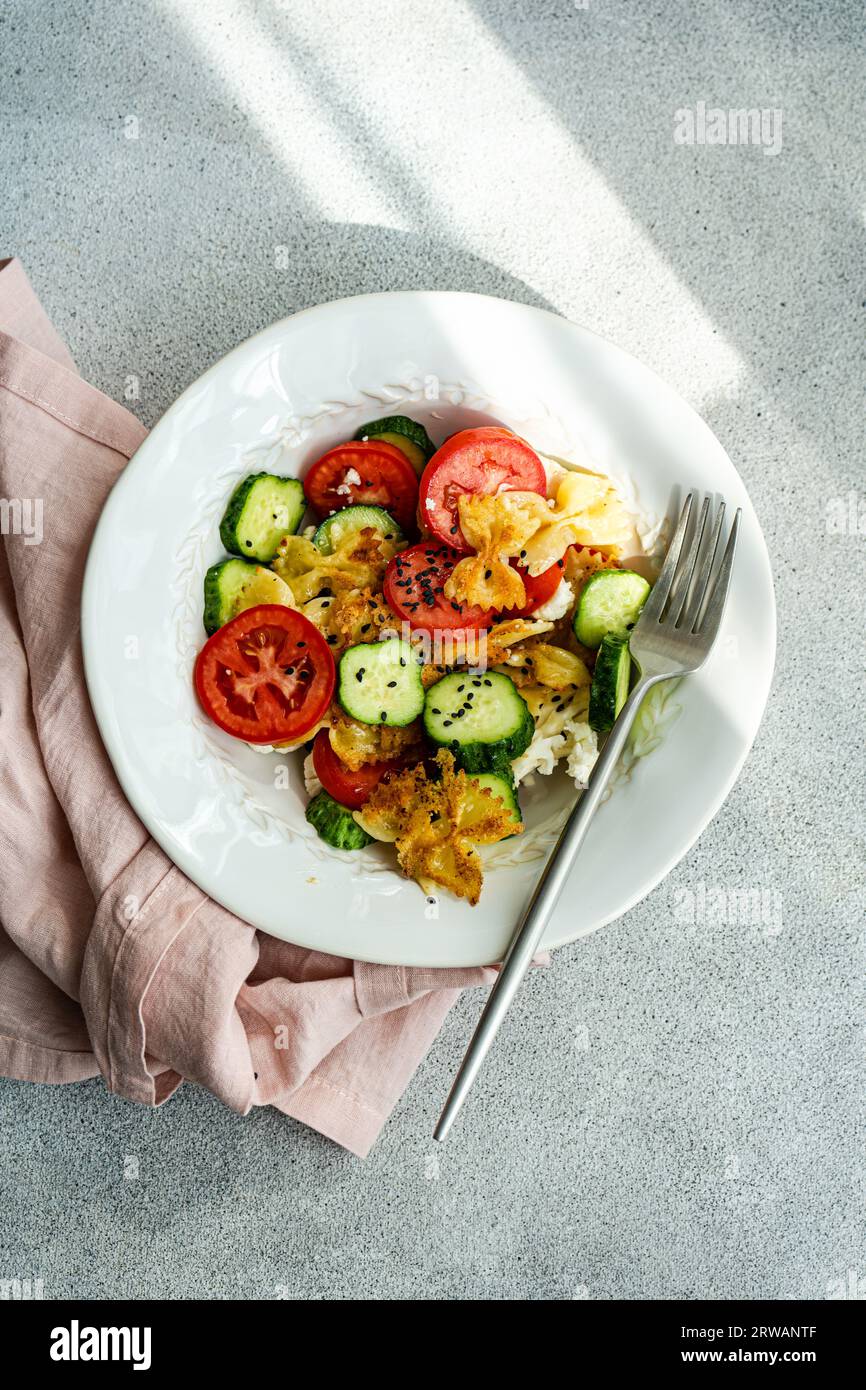 Overhead view of a bowl of pasta salad with tomatoes, cucumber, cauliflower and black sesame seeds Stock Photo