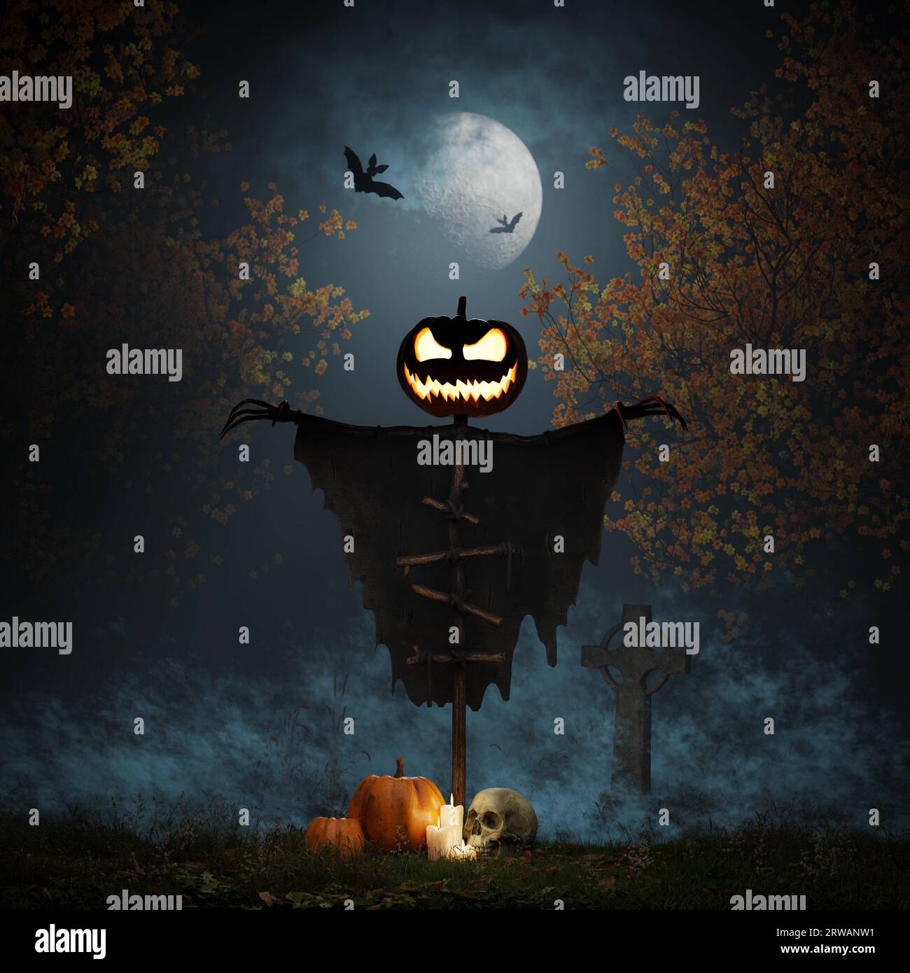 Halloween scarecrow with pumpkin head and glowing eyes in the cemetery at night. Pumpkins, candles and a skull. 3d render Stock Photo