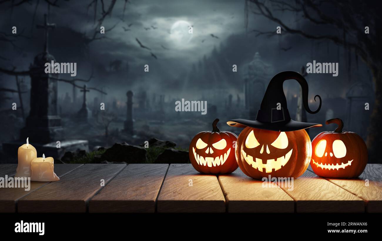 Halloween background glowing pumpkins and candles on table against background of a scary cemetery. 3d render Stock Photo