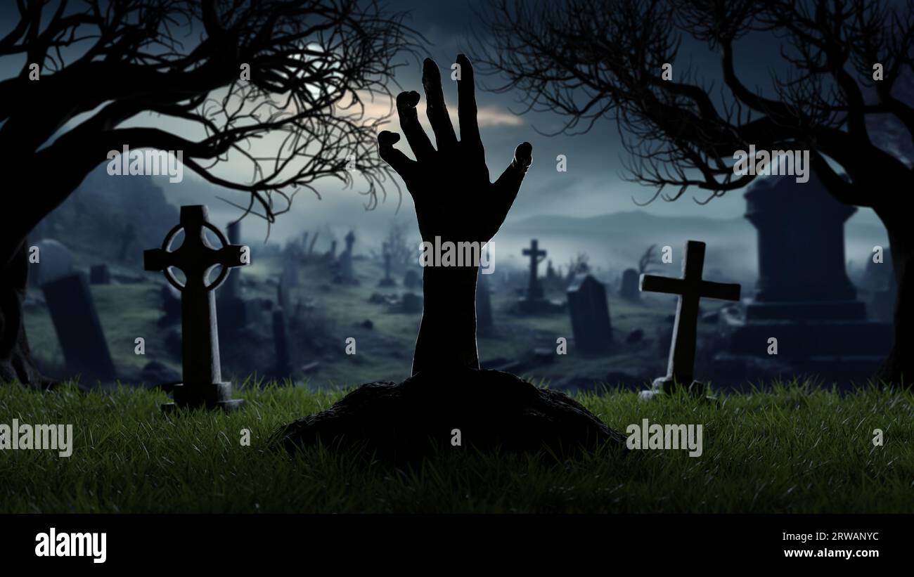Halloween Hand of risen dead from grave in cemetery, grave crosses, zombies at night. 3d render Stock Photo