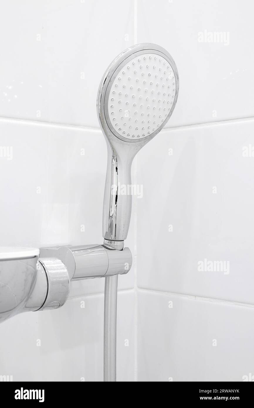 Chrome chower head close-up in the shower room interior Stock Photo - Alamy