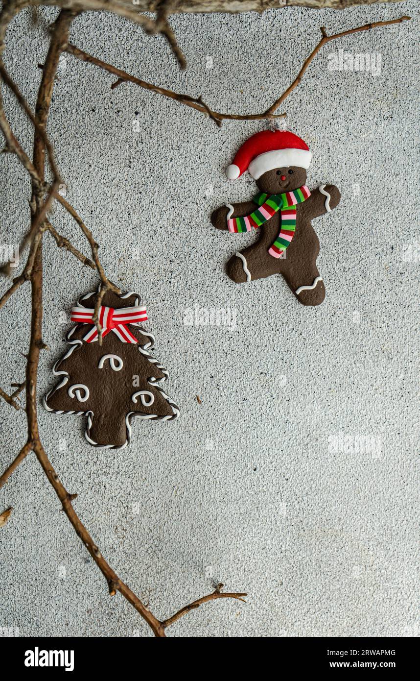 Christmas gingerbread cookies variety on tree branches on concrete background Stock Photo