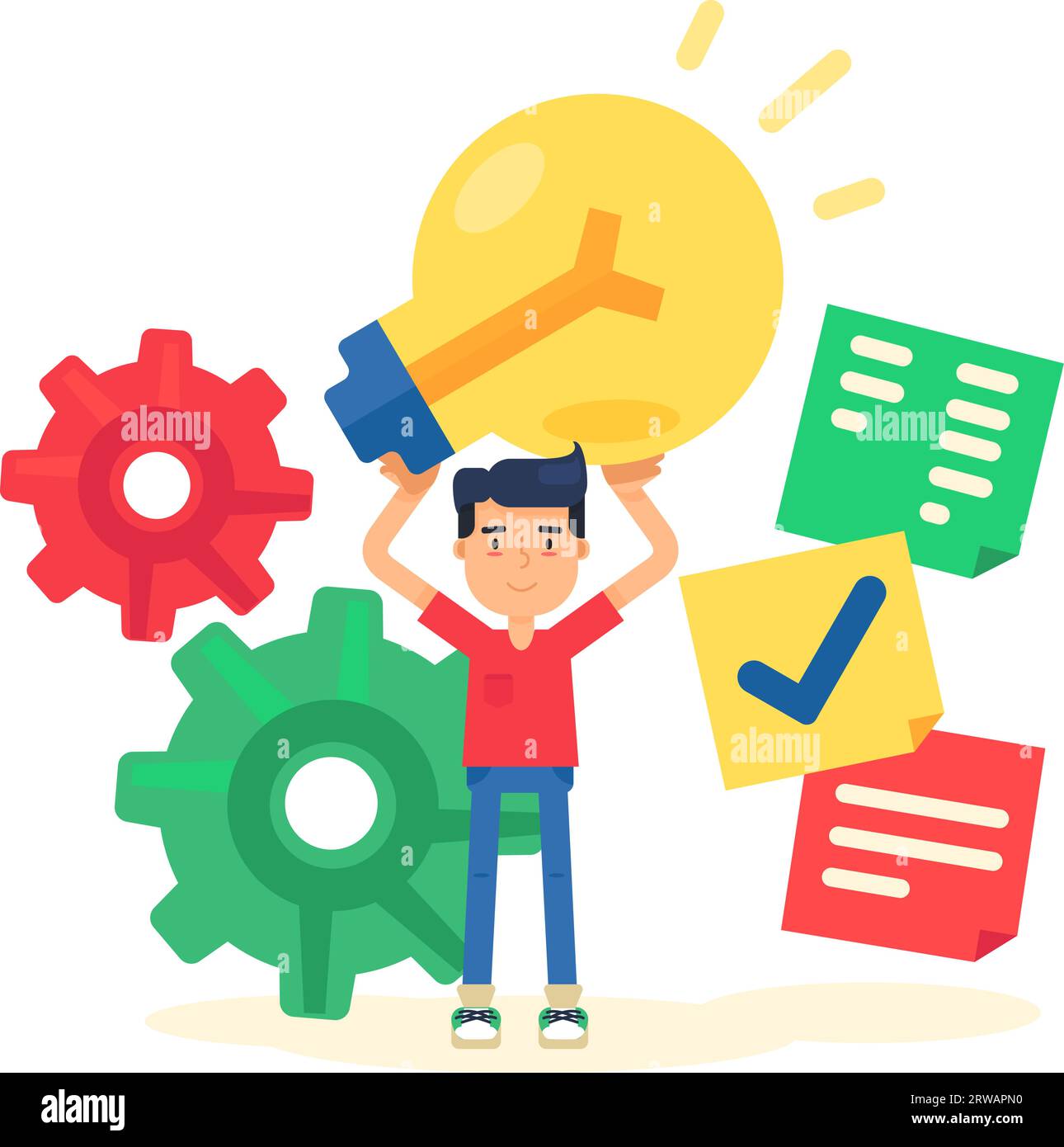 Creative office worker holds bright electric lamp above his head