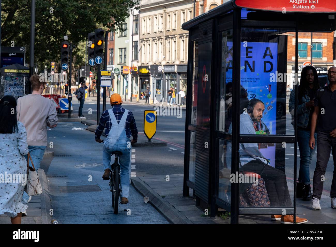 Cycle lane superhighway alongside a bus stop in Aldgate Whitechapel on 16th August 2023 in London United Kingdom. A cycle Superhighway is a long cycle path and part of the Cycleway