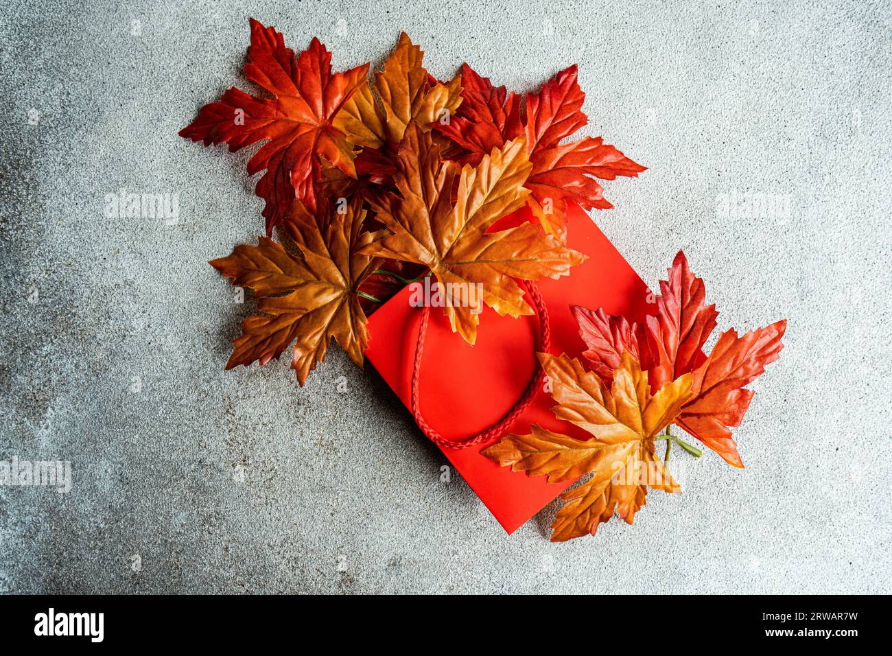 Red autumn maple leaves on top of a blank paper shopping bag Stock Photo