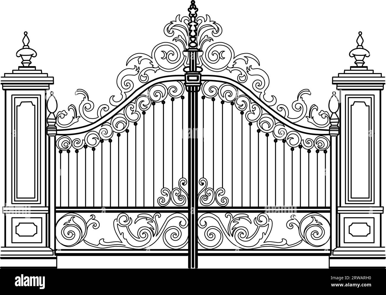 Sketch of forged metal gates. Artistic forging double-leaf garden doors made of iron Stock Vector