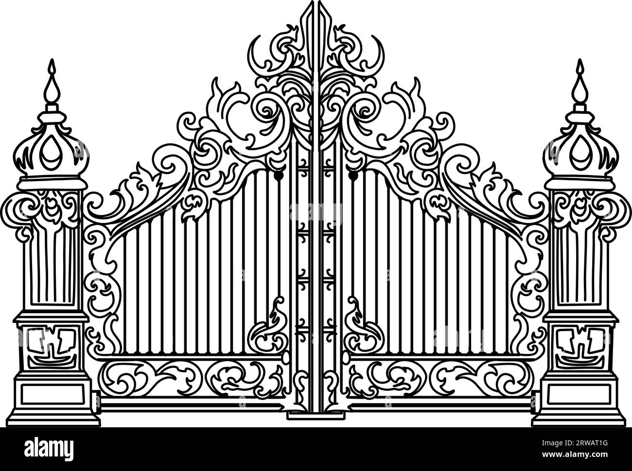 Sketch of forged metal gates. Artistic forging double-leaf garden doors made of iron Stock Vector