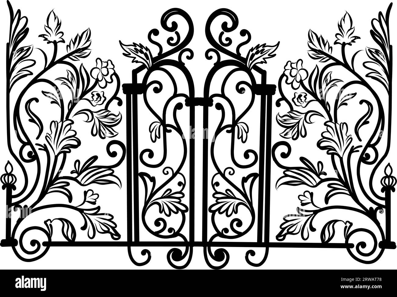 Sketch of forged metal gates. Artistic forging double-leaf garden doors made of iron Stock Vector
