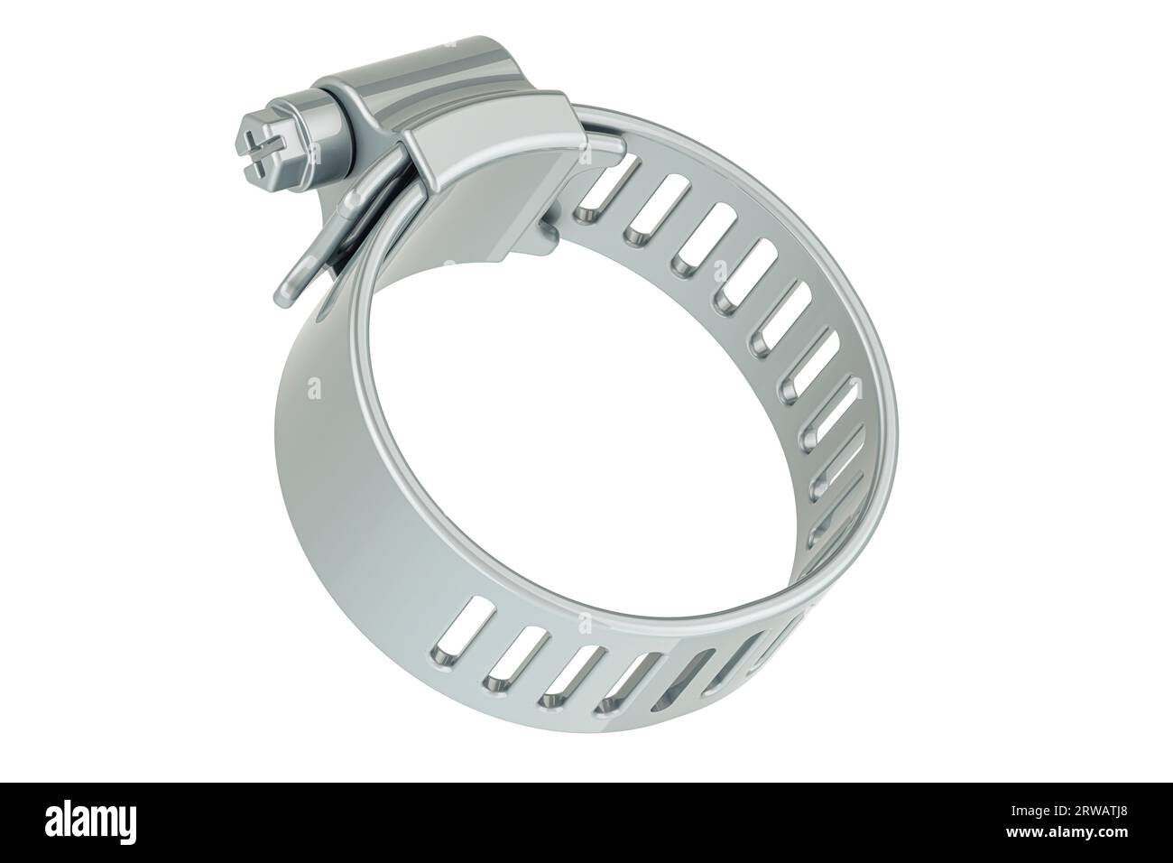 Adjustable Stainless Steel Worm Gear Hose Clamp, 3D rendering isolated on white background Stock