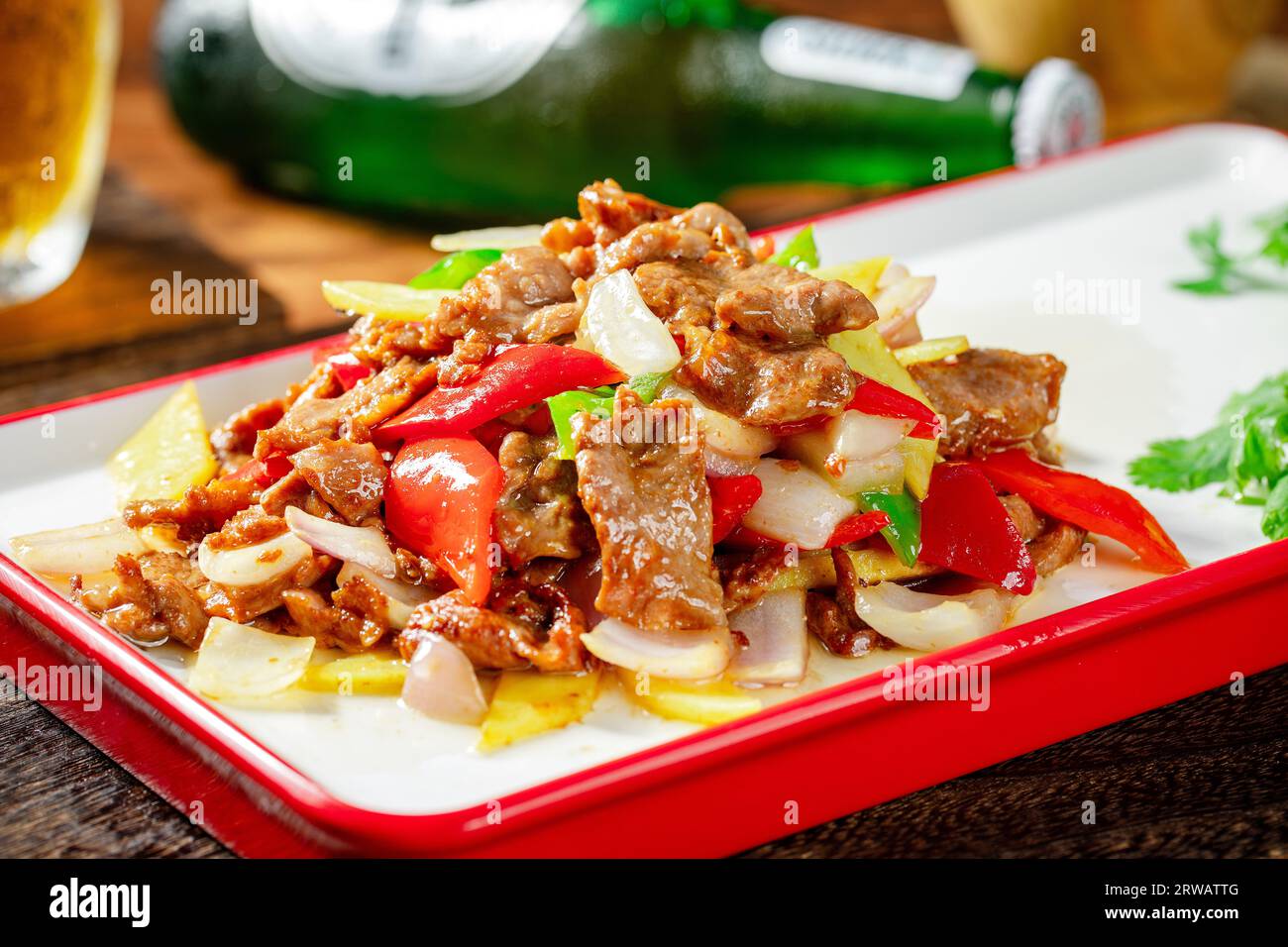 Stir fried (Sautéed) Lamb Slices with Scallion Stock Photo