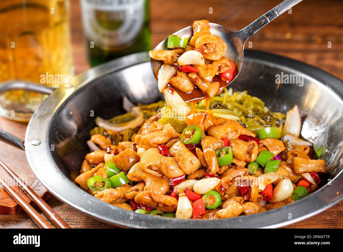 Delicious Chinese food, stir fried pork intestines in dry pot Stock