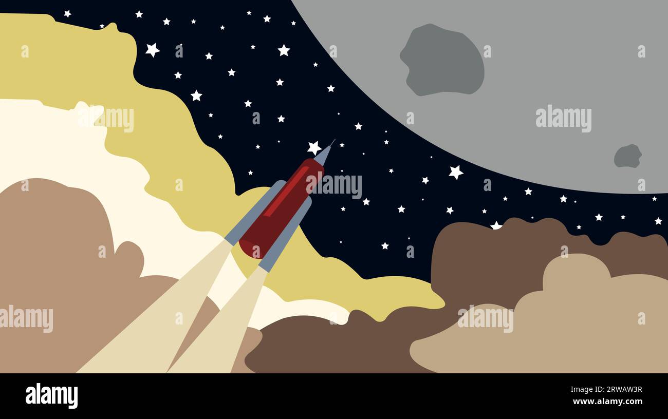 Rocket launch to the Moon. Cute space background with stars, moon, rocket, clouds, smoke. Vector Illustration. World space week. Stock Vector