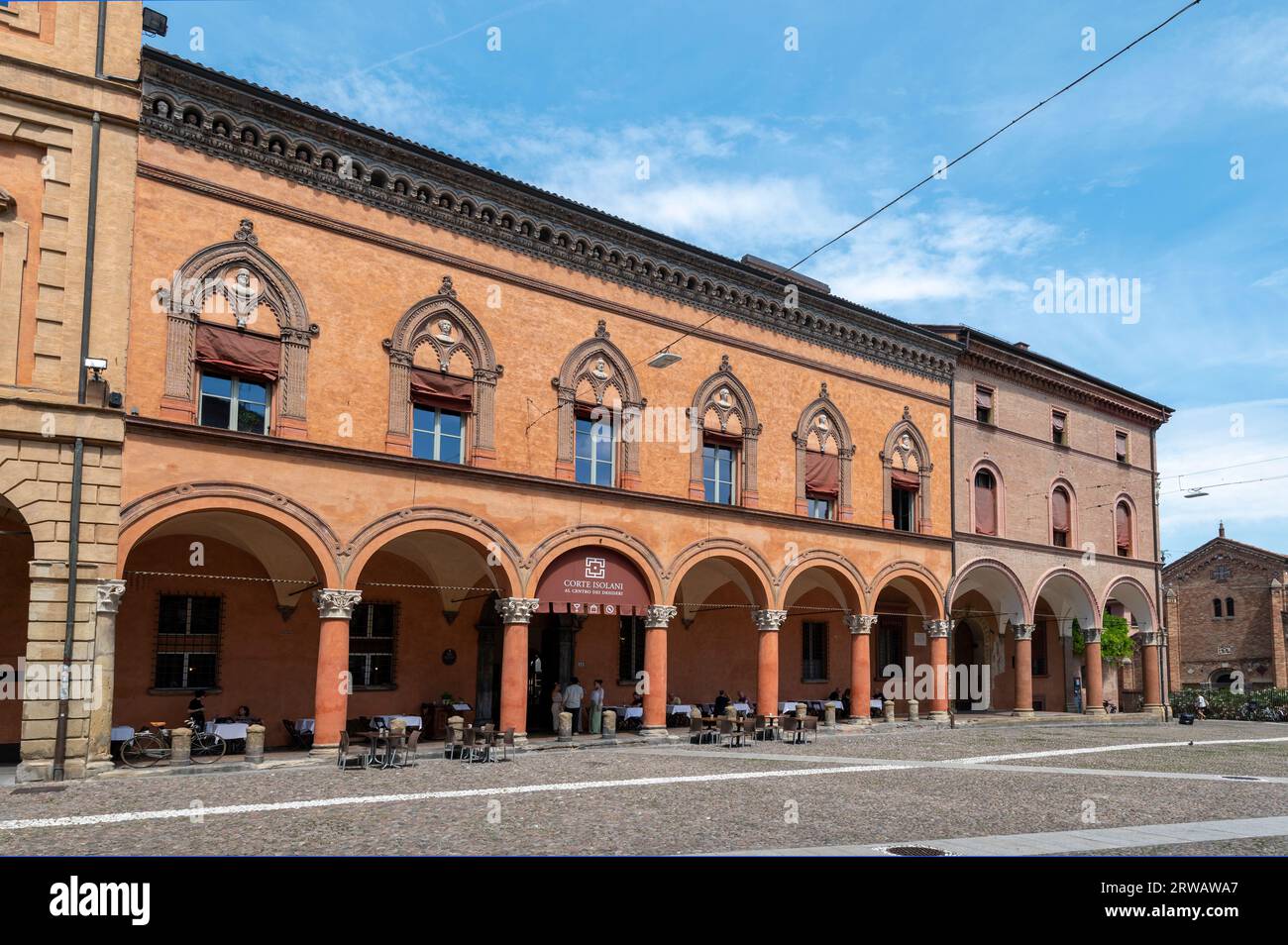 Corte Isolani is a cultural centre and art gallery.  in the Palazzo Isolani. It is a 15th-century historical mansion of Romanesque-Gothic architecture Stock Photo