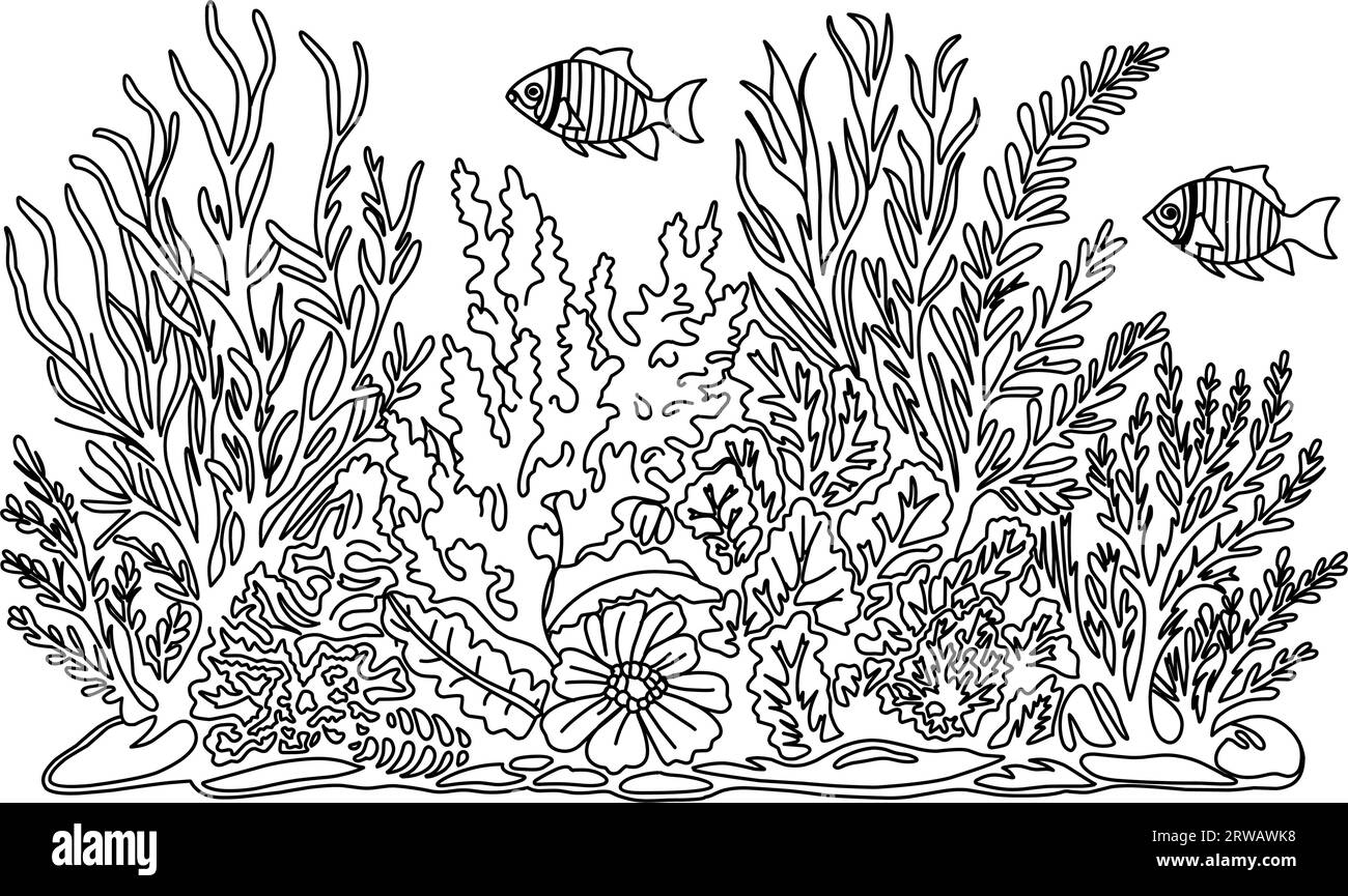 Ocean bottom coloring page with fish and algae. Sea life coloring book