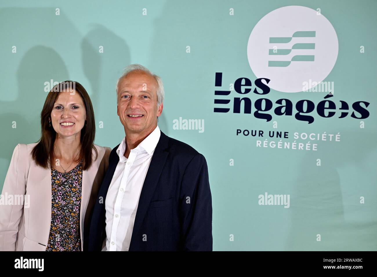 Wavre, Belgium. 18th Sep, 2023. New recruits Lyseline Louvigny and Yves Coppieters pose for the photographer at a press conference to present a new personality from civil society who will be joining Les Engages (french-speaking christian humanists party Les Engages) and who will occupy one of the heads of list at the next 2024 elections in Wavre, Monday 18 September 2023. BELGA PHOTO ERIC LALMAND Credit: Belga News Agency/Alamy Live News Stock Photo