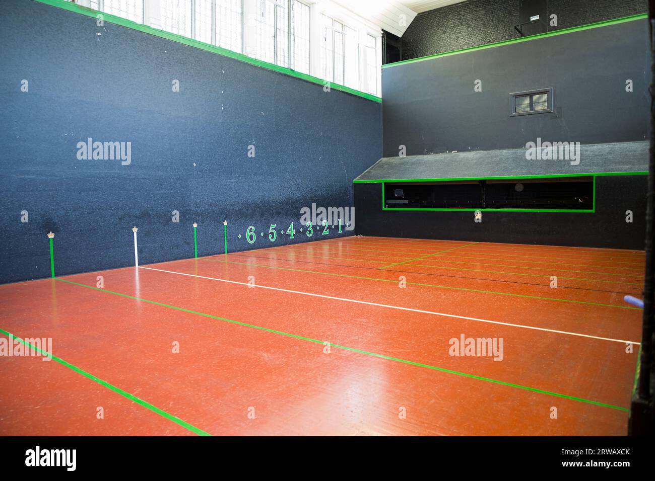 Interior / inside the Royal Tennis Court, Hampton Court Palace, a Grade I listed court for playing the sport of real tennis. (135) Stock Photo