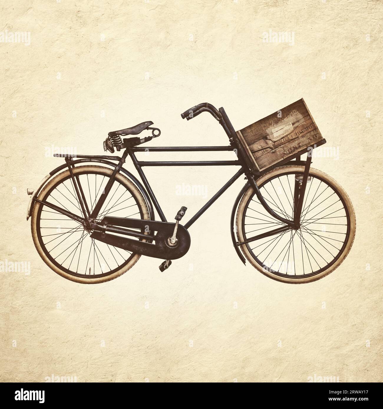 Sepia toned image of a vintage black cargo bicycle with old wooden transport crate Stock Photo