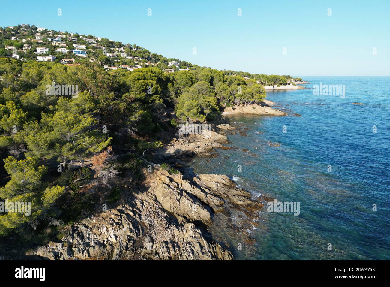 Aerial Photo of the rocky coast at Les Issambres in the Var region of Provence-Alpes-Côte d'Azur Region of South Eastern France. Stock Photo