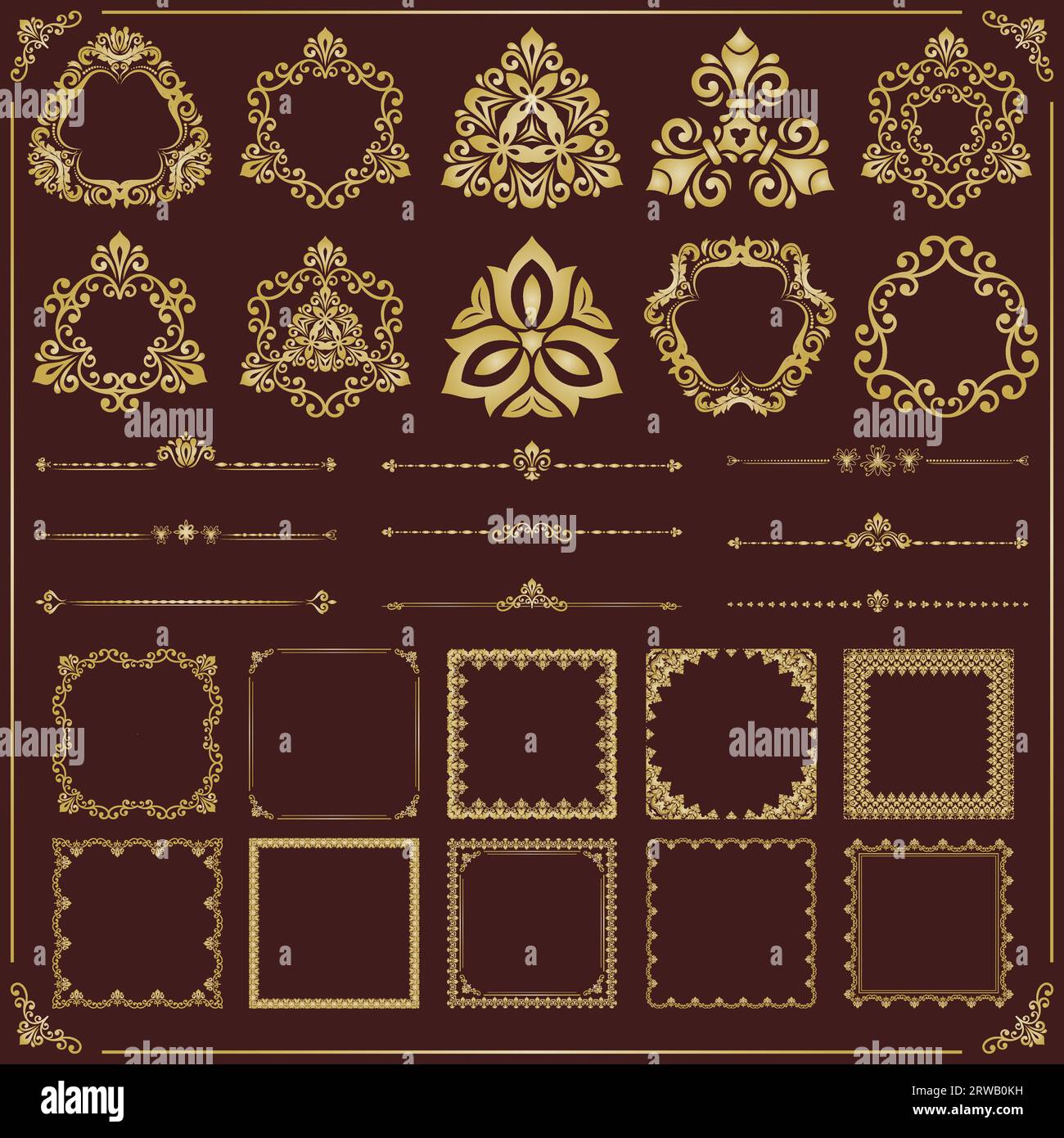 Vintage brown and golden set of vector horizontal, square and round ...