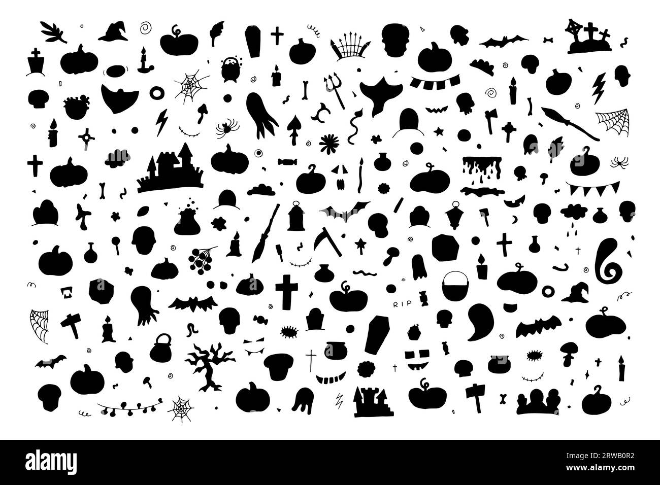 Doodle Halloween silhouette set. Hand-drawn autumn pumpkin, grave, ghost, cross, eye on white background. Cute scary horror banner for fall holidays, Stock Vector