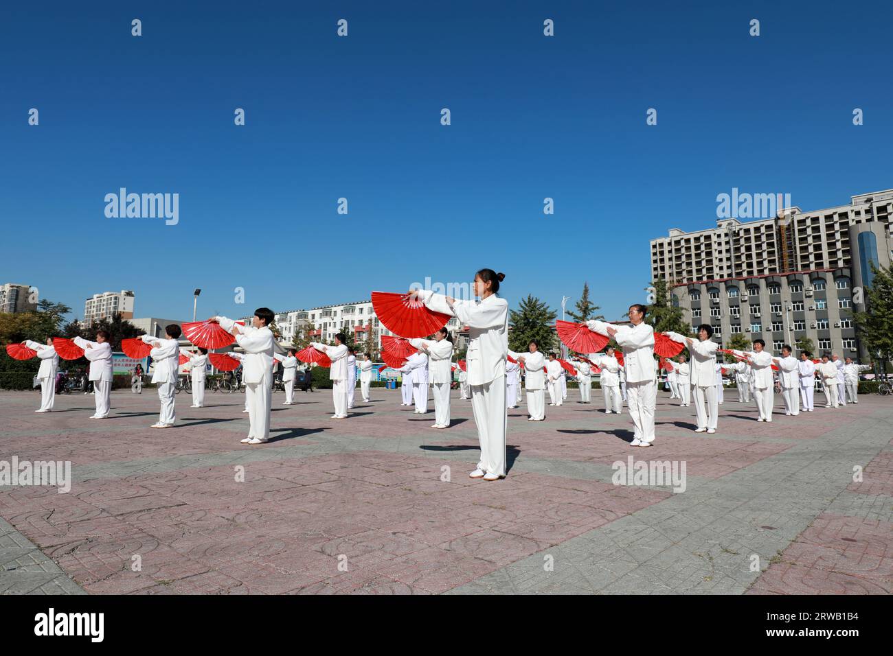 Luannan County, China - Oct. 8, 2019: Taiji Knife Show in Square, Luannan County, Hebei Province, China Stock Photo