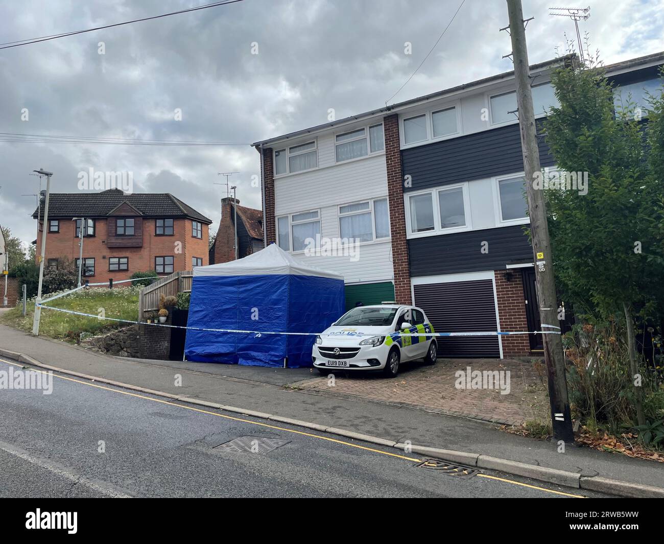 A police tent erected outside a property in Pump Hill, Chelmsford, Essex, after Virginia McCullough was charged with the murders of her parents, John McCullough and Lois McCullough, between August 21, 2018, and September 15, 2023. Essex Police said it began an investigation after receiving reports of concern for the well-being of the two people aged in their 70s. The force said it believes the pair have died. Picture date: Monday September 18, 2023. Stock Photo