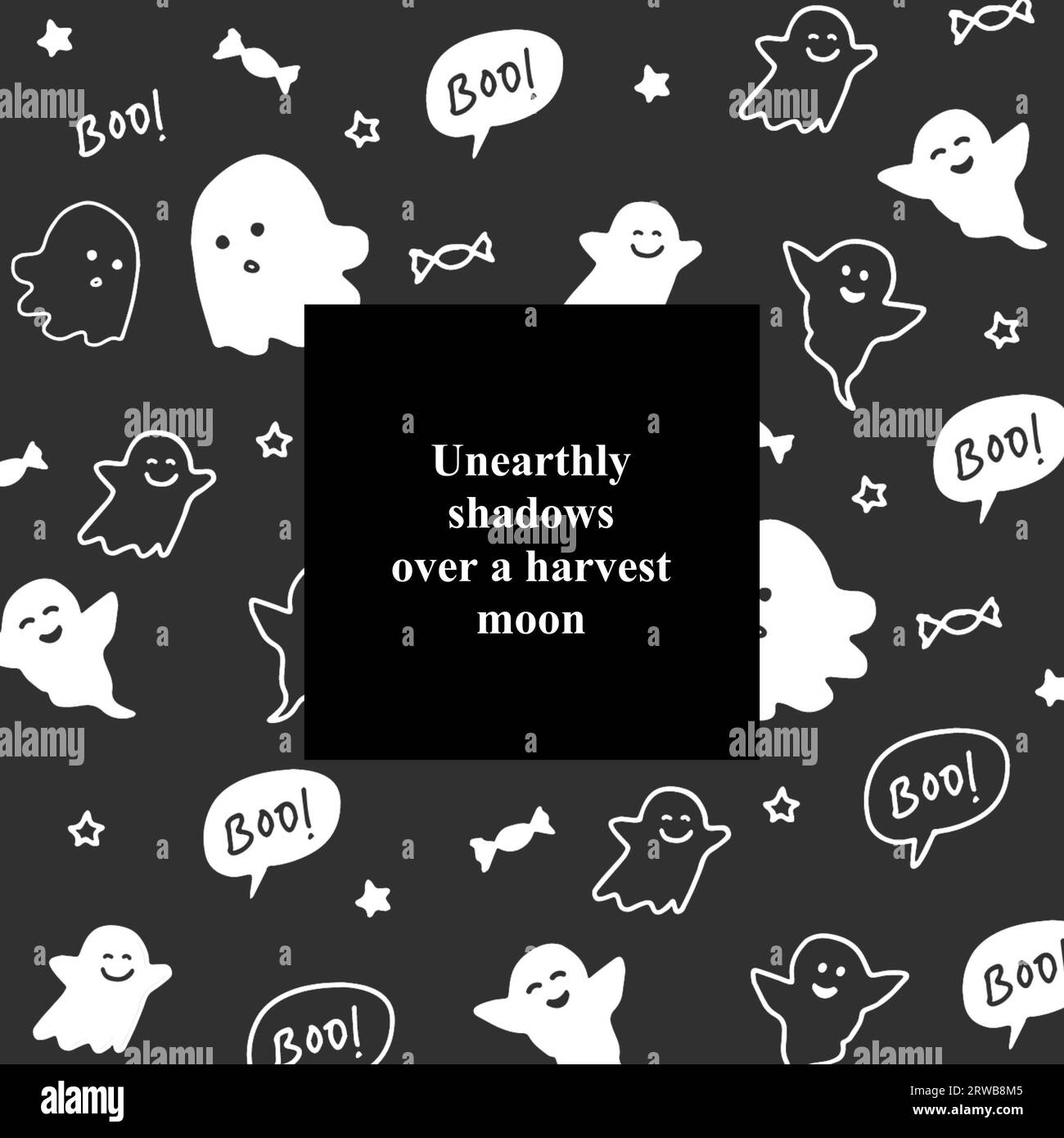 Unearthly shadows over a harvest moon text on black with ghosts and boo text in speech bubbles Stock Photo