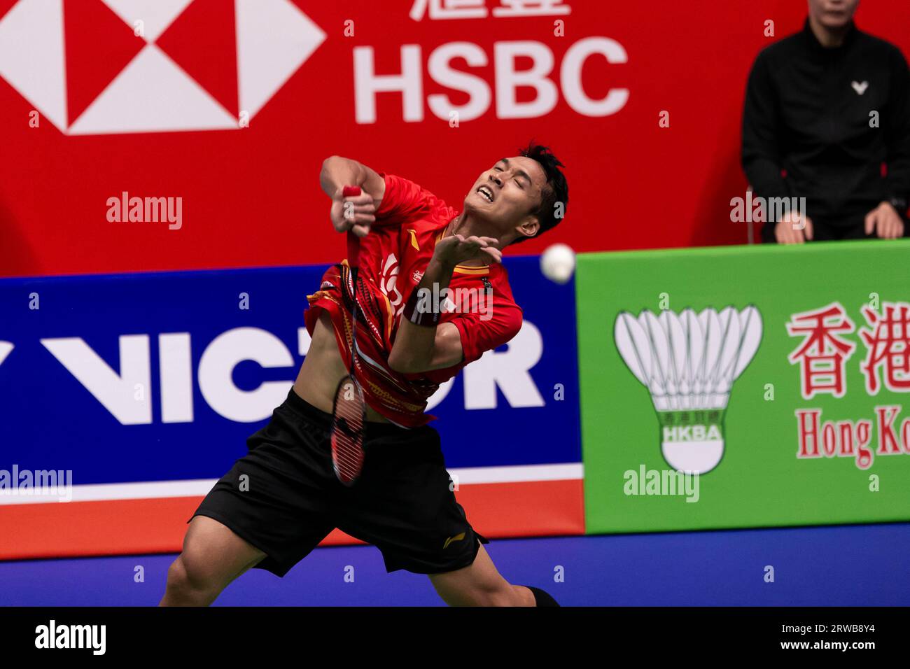 Jonatan Christie of Indonesia plays during the mens singles final against Menta Nishimoto of Japan on day six of VICTOR Hong Kong Open Badminton championships 2023 at Hong Kong Coliseum