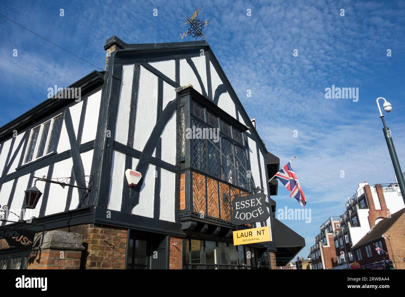The exterior of the timber-framed Essex Lodge, Station Road, Barnes, London, SW13, England, U.K. Stock Photo