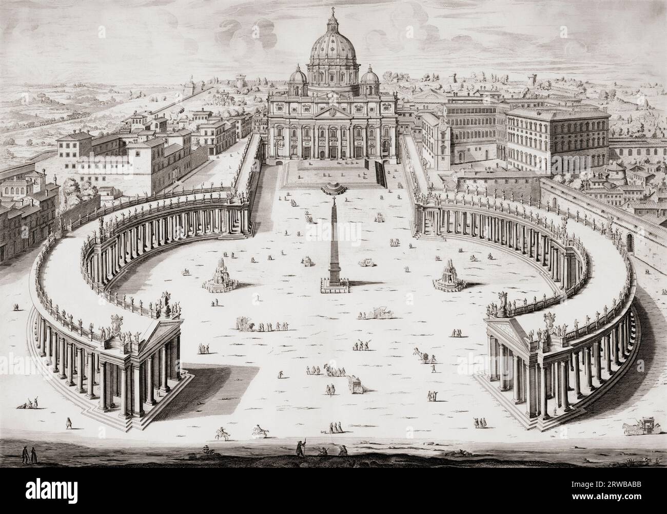 View of St Peter's Square, St Peter's Basilica and the Vatican in the 17th century.  After a print by Giovanni Battista Falda. Stock Photo