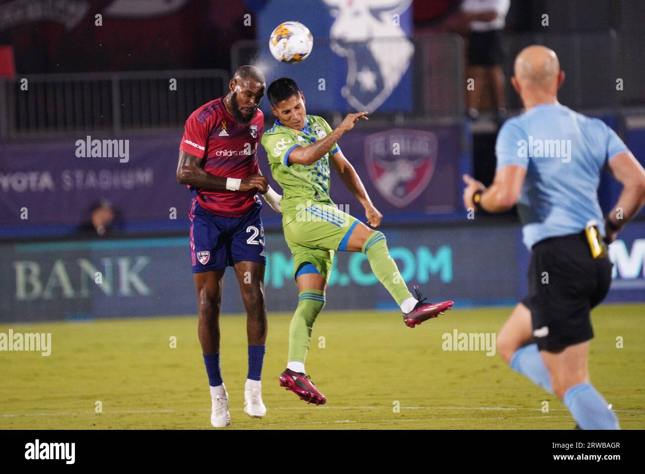 Frisco, USA. 16th Sep, 2023. Frisco, Texas, USA: Sebastian Ibeagha (Dallas) and Raul Ruidiaz (Seattle) battle for the header during the MLS game between FC Dallas and Seattle Sounders FC played at Toyota Stadium on Saturday September 16, 2023. (Photo by Javier Vicencio/Eyepix Group/Sipa USA) Credit: Sipa USA/Alamy Live News Stock Photo