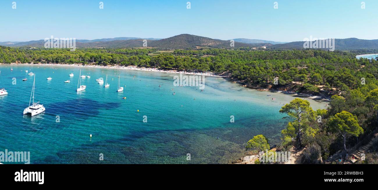 Panoramic Aerial Photo of Plage de l'Estagnol in the Var department, Provence-Alpes-Côte d'Azur Region of South Eastern France. Stock Photo