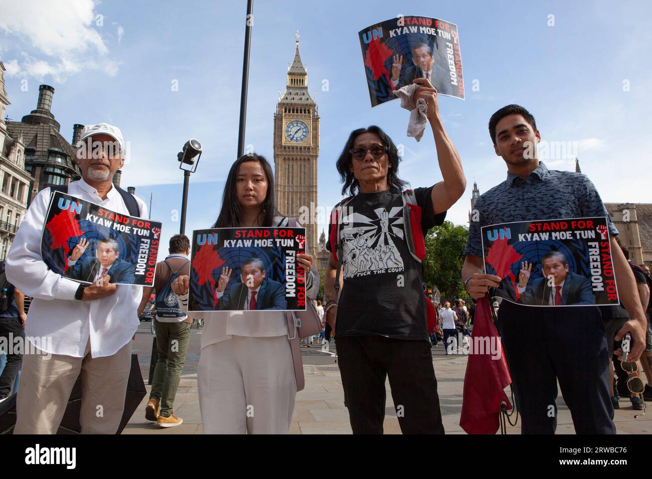 London, UK, 16 September 2023: in Parliament Square demonstrators all for UN support for Myanmar's permanent representative's stand against the military junta. Kyaw Moe Tun was appointed as Myanmar's ambassador to the UN and has refused to leave his post since the military coup, using his position to speak out against 'military atrocities'. Anna Watson/Alamy Live News Stock Photo