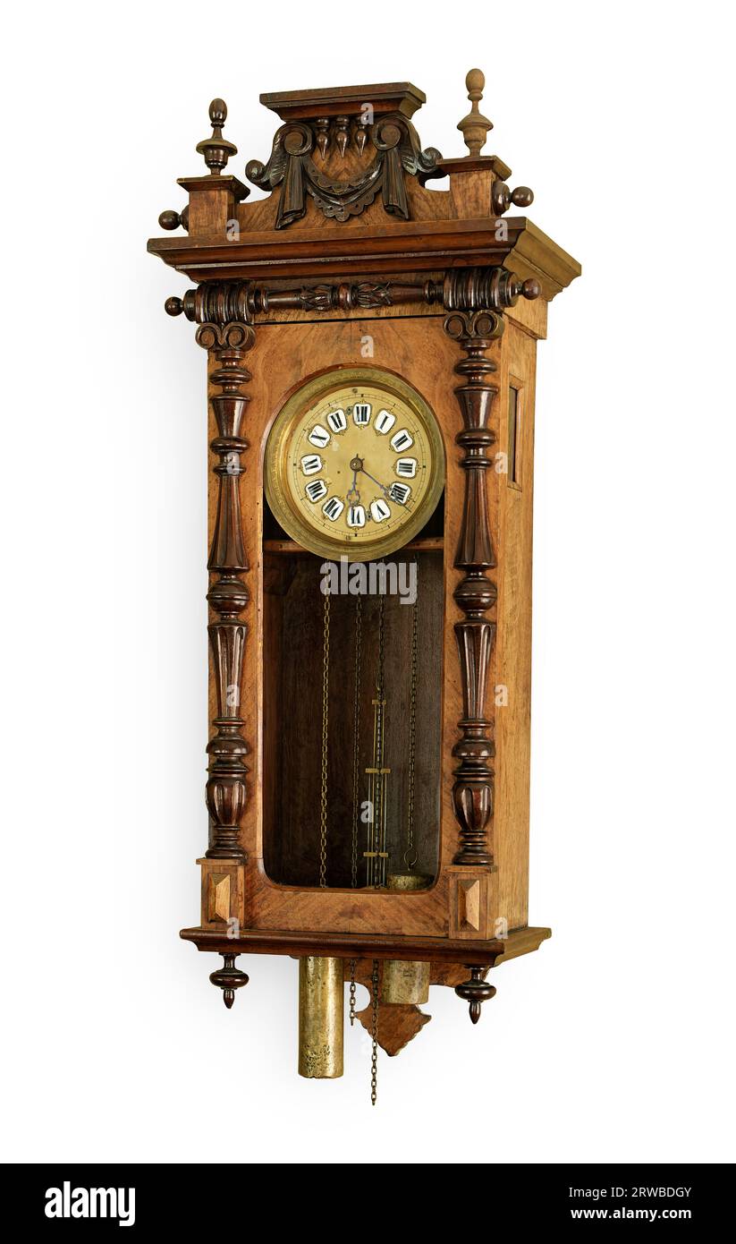 Antique wooden weightdriven wall clock, isolated on white background