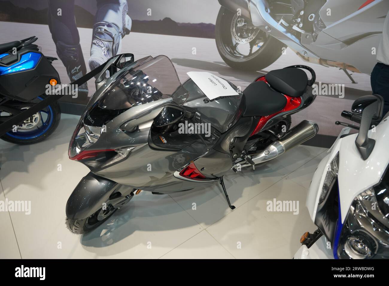 ISTANBUL, TURKIYE - APRIL 29, 2023: Suzuki GSX-R 1300 Hayabusa motorcycle on display at Motobike Expo in Istanbul Exhibition Center Stock Photo