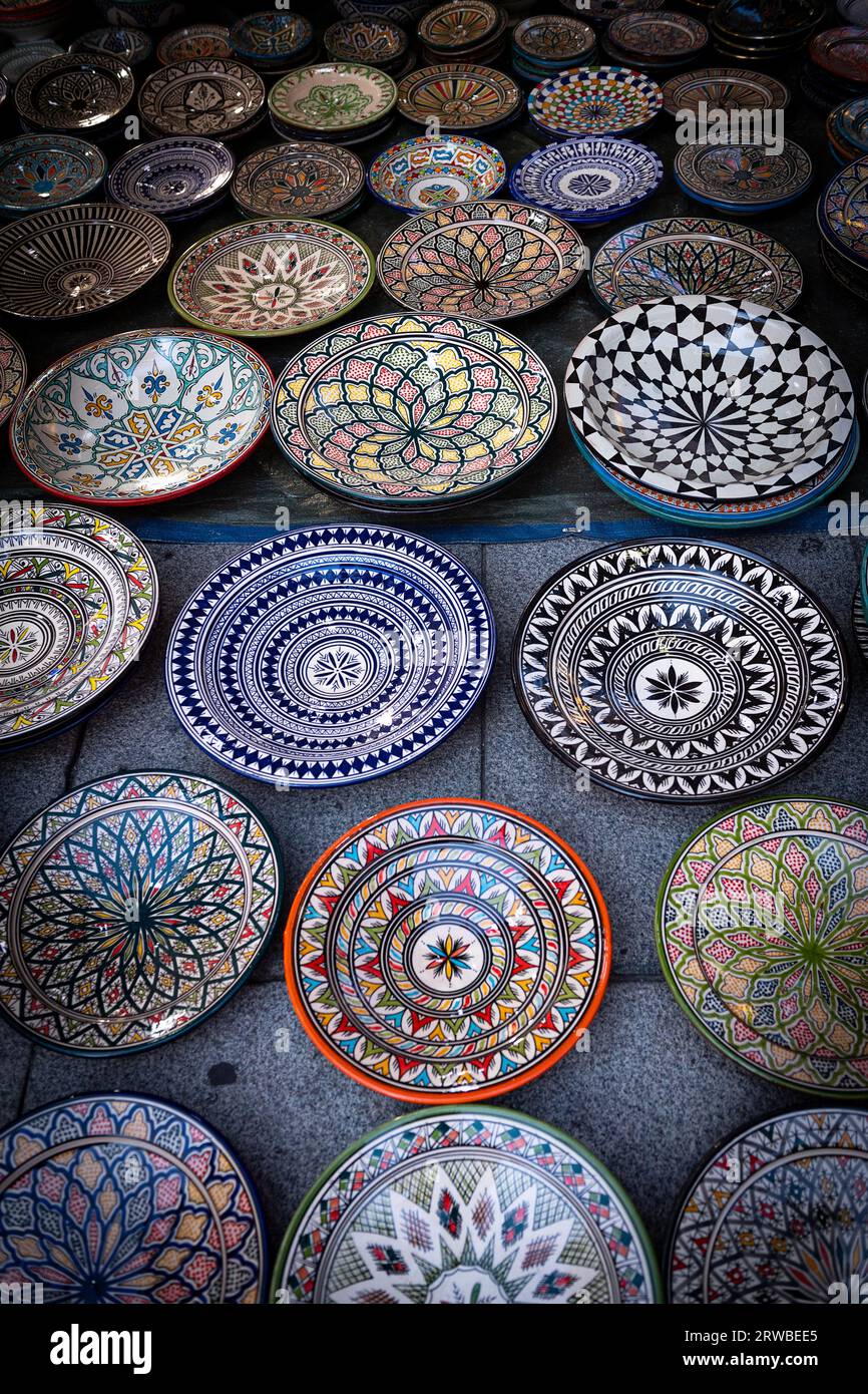 Different dishes and elements of Moroccan crafts, exhibited in medieval market Stock Photo