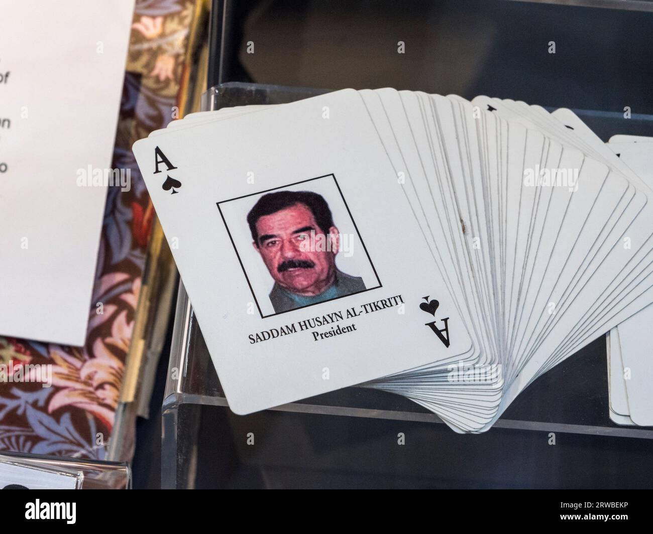 Iraqi 'most wanted' playing cards featuring Sadaam Huuein on display in the Royal Engineers Museum in Gillingham, Kent, UK. Stock Photo
