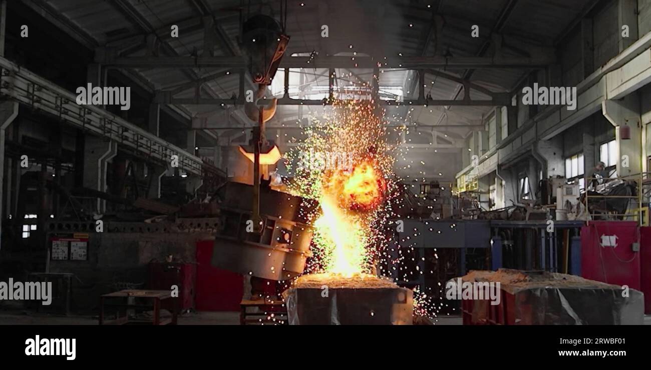 Metal Cast Process In Blast Furnace In Metallurgical Plant Or Factory ...