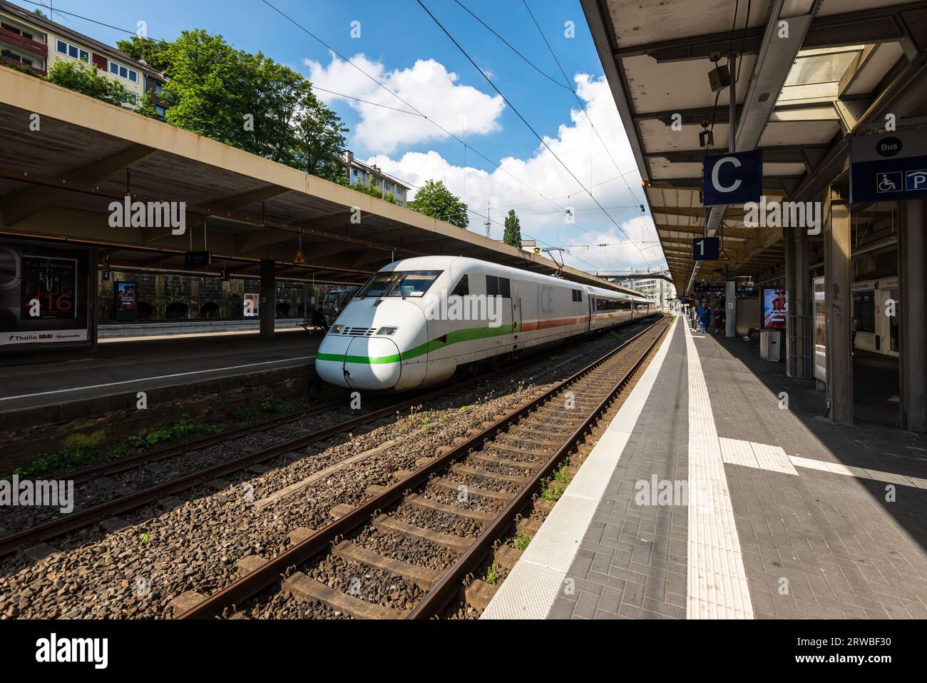 Wuppertal, Germany - June 2, 2022: Deutsche Bahn's high-speed ICE train stopping at platform at the railway station in Wuppertal, North Rhine-Westphal Stock Photo