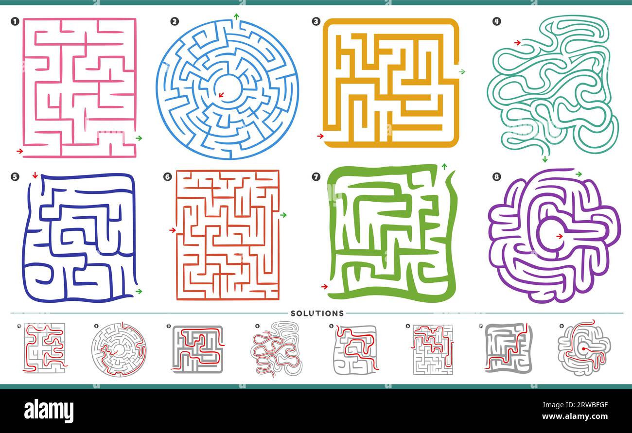 Illustration of maze puzzle activities graphs set with solutions Stock