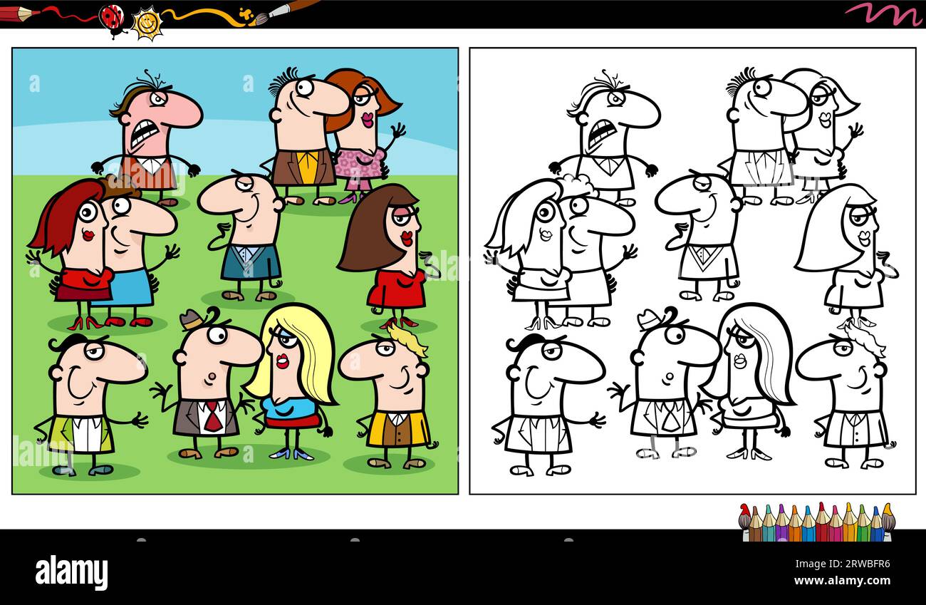 Cartoon illustrations of funny people comic characters group coloring