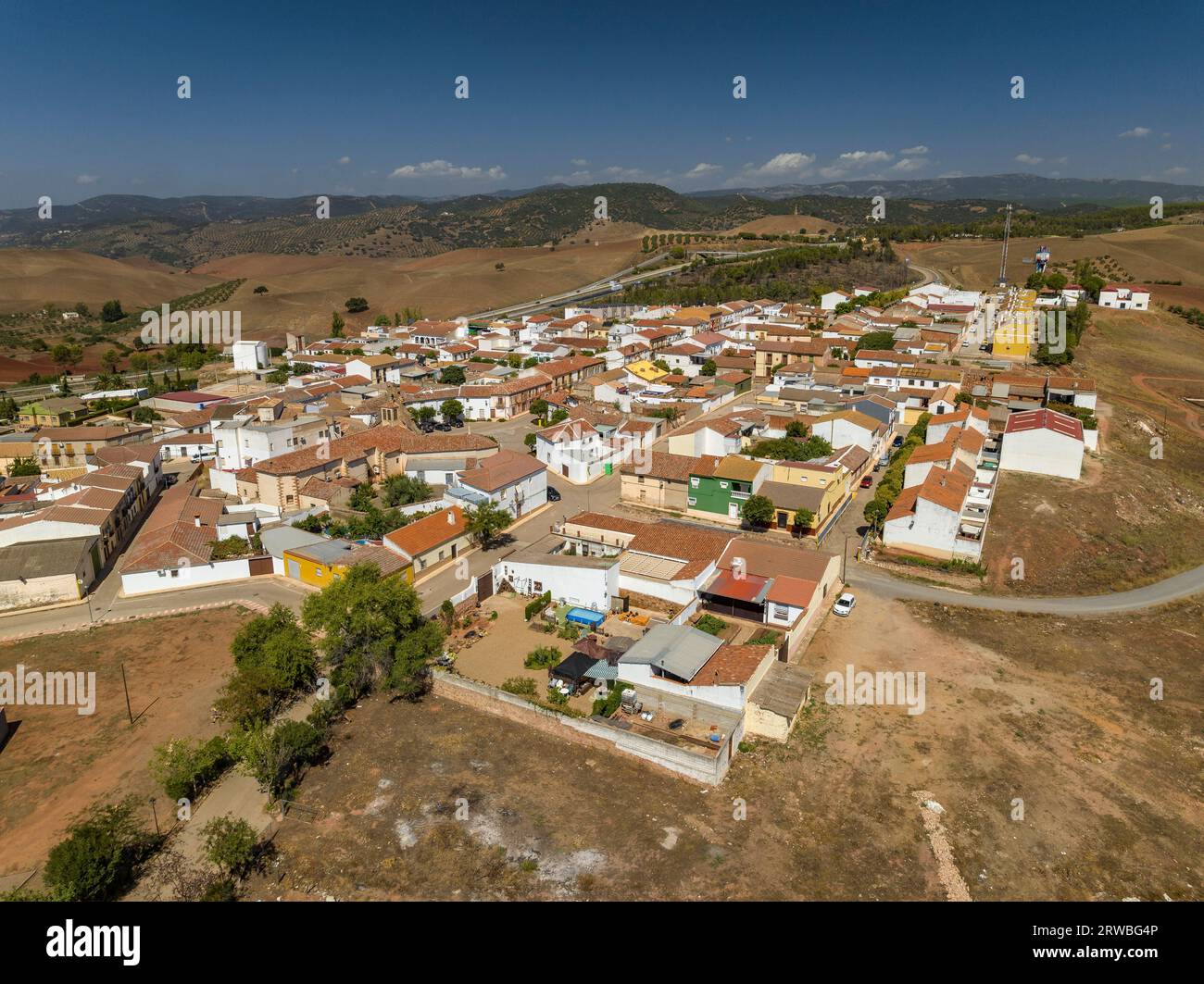 Aerial view of the town of Las Navas de Tolosa (Jaén, Andalusia, Spain) ESP: Vista aérea del pueblo de las Navas de Tolosa (Jaén, Andalucía, España) Stock Photo