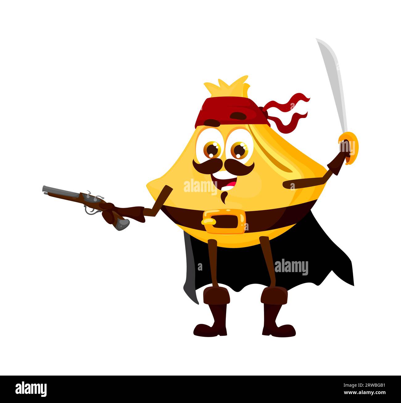Cartoon italian pasta pirate sailor character with gun and sabre