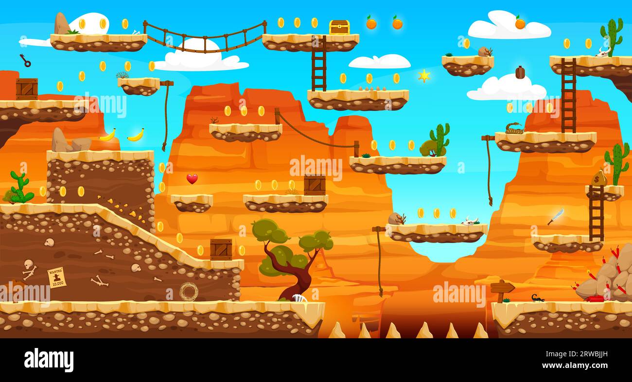 Arcade Game Level Map With Wild West Western Platforms, Canyons, Rocks 