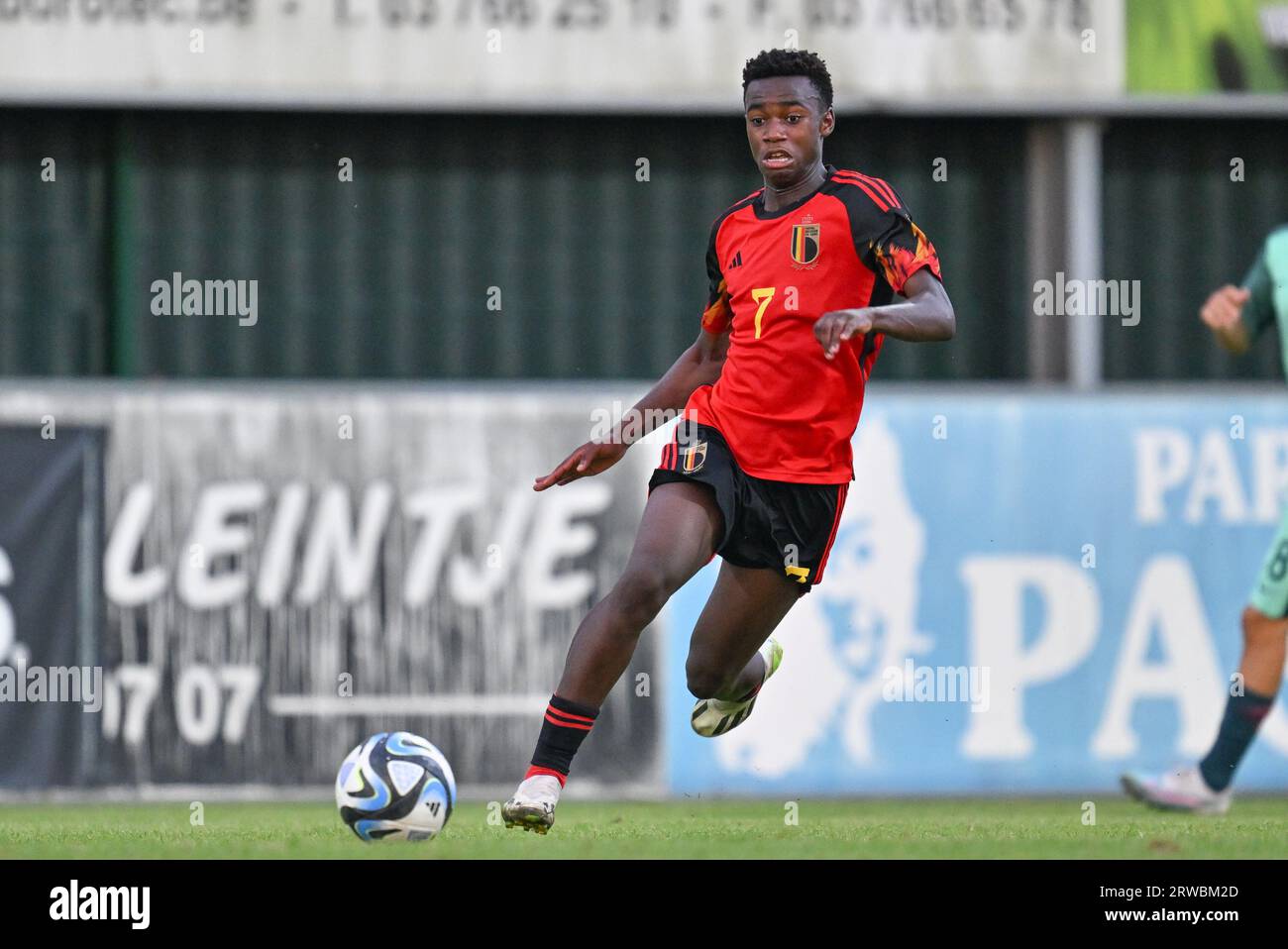 Jessi Pedro Da Silva (7) of Belgium pictured during a friendly soccer game between the national under 16 teams of Portugal and Belgium on  Monday 17 September 2023  in Sint-Niklaas , Belgium . PHOTO SPORTPIX | David Catry Stock Photo