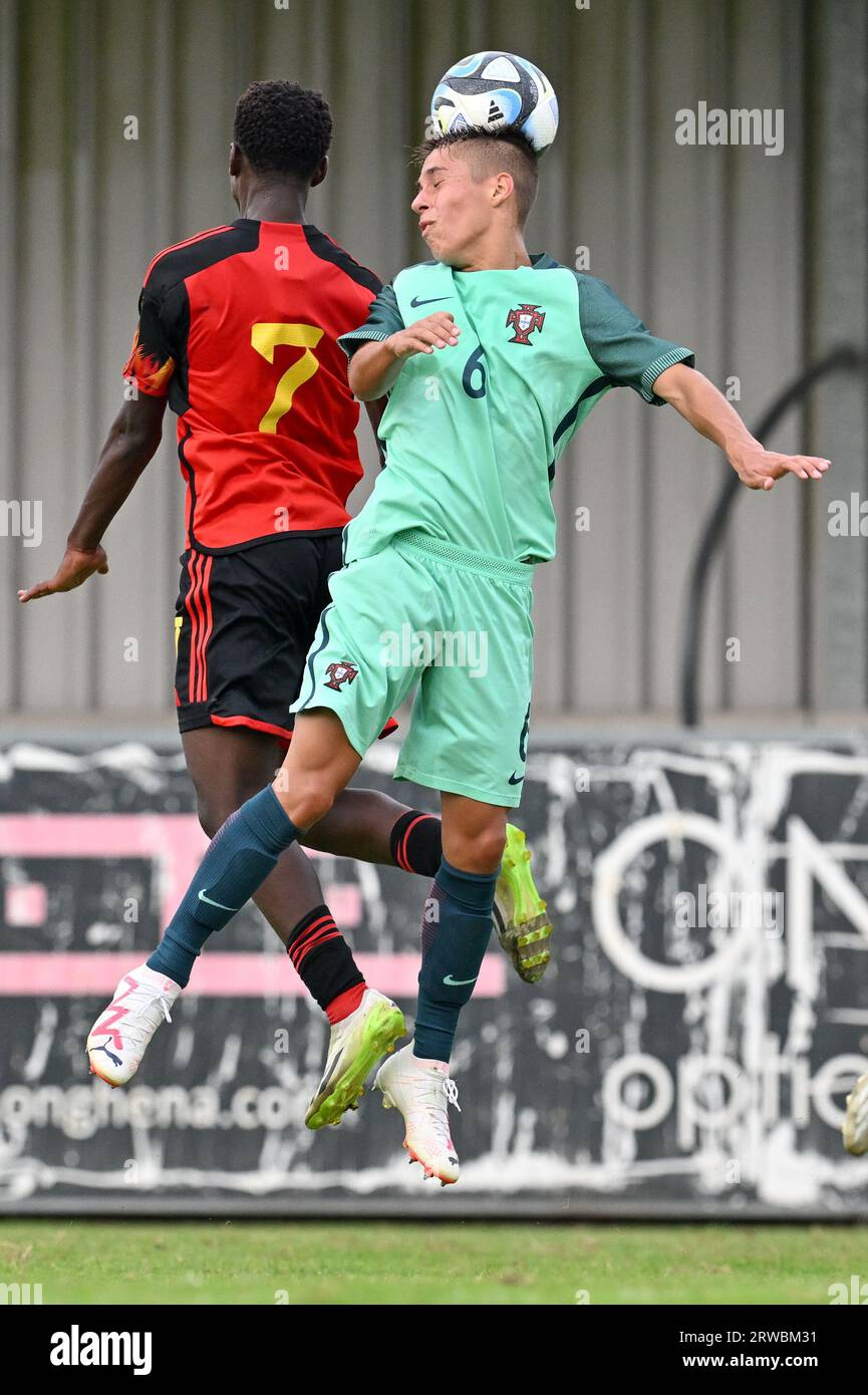 Jessi Pedro Da Silva (7) of Belgium pictured fighting for the ball with Rafael Quintas (6) of Portugal during a friendly soccer game between the national under 16 teams of Portugal and Belgium on  Monday 17 September 2023  in Sint-Niklaas , Belgium . PHOTO SPORTPIX | David Catry Stock Photo