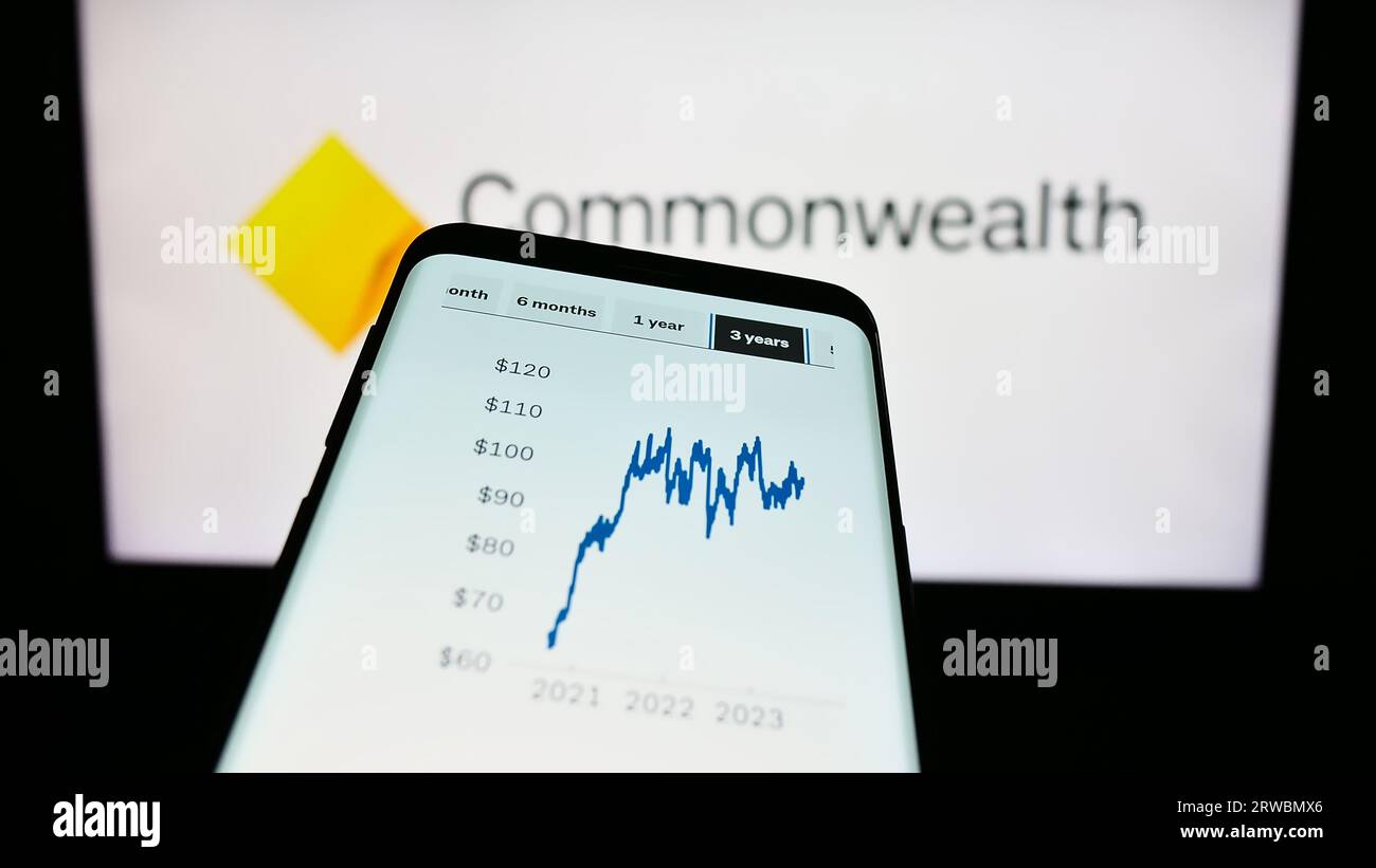 Mobile phone with website of company Commonwealth Bank of Australia (CBA) on screen in front of logo. Focus on top-left of phone display. Stock Photo