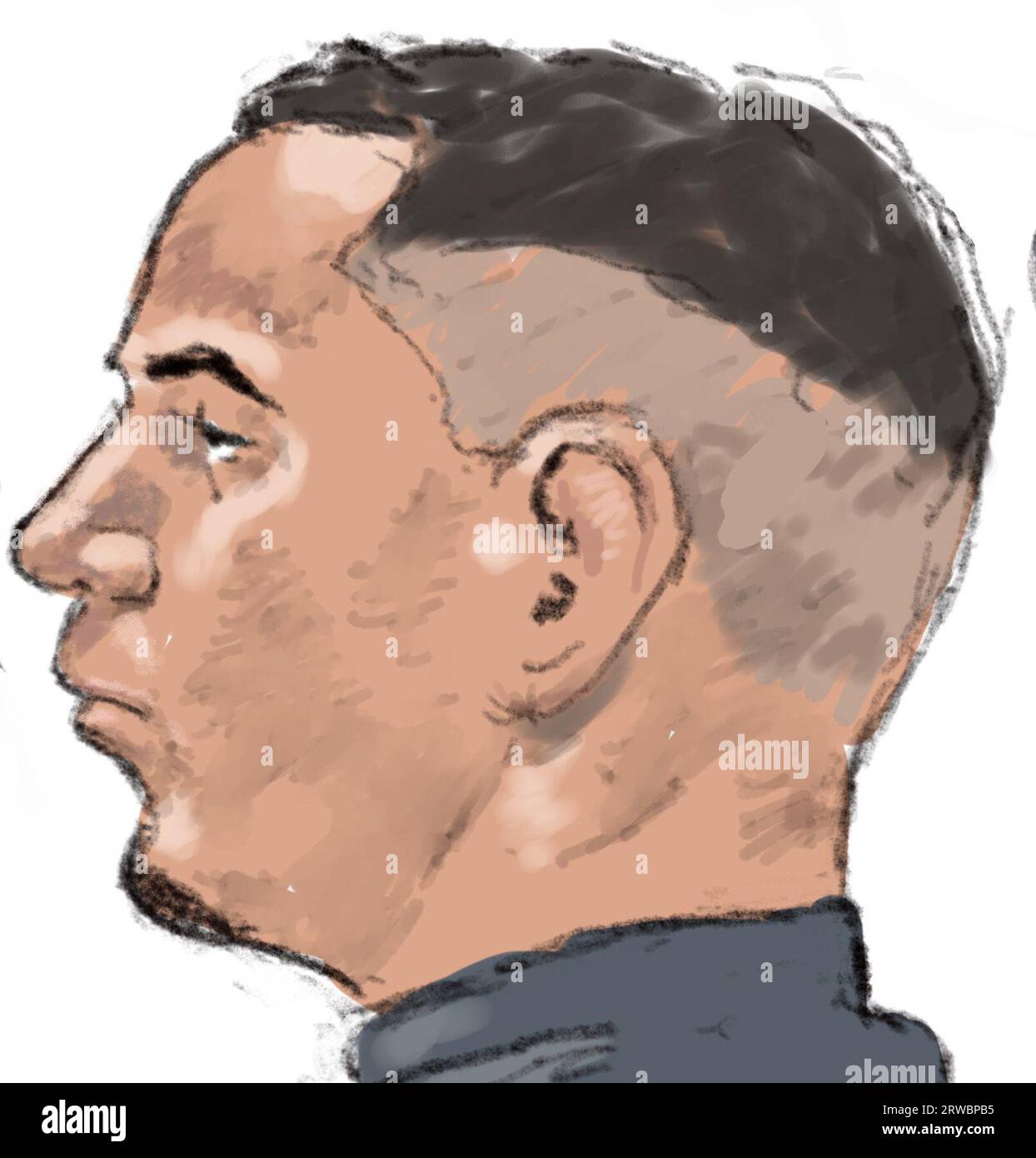SCHIPHOL - Court drawing of Michael K. during the criminal case against the group of men who mistakenly kidnapped the wrong man on August 5, 2021 in Cruquius near Haarlem. The 56-year-old victim was held captive for five days and later injured and thrown out of a car in Delft. ANP ALOYS OOSTERWIJK netherlands out - belgium out Stock Photo