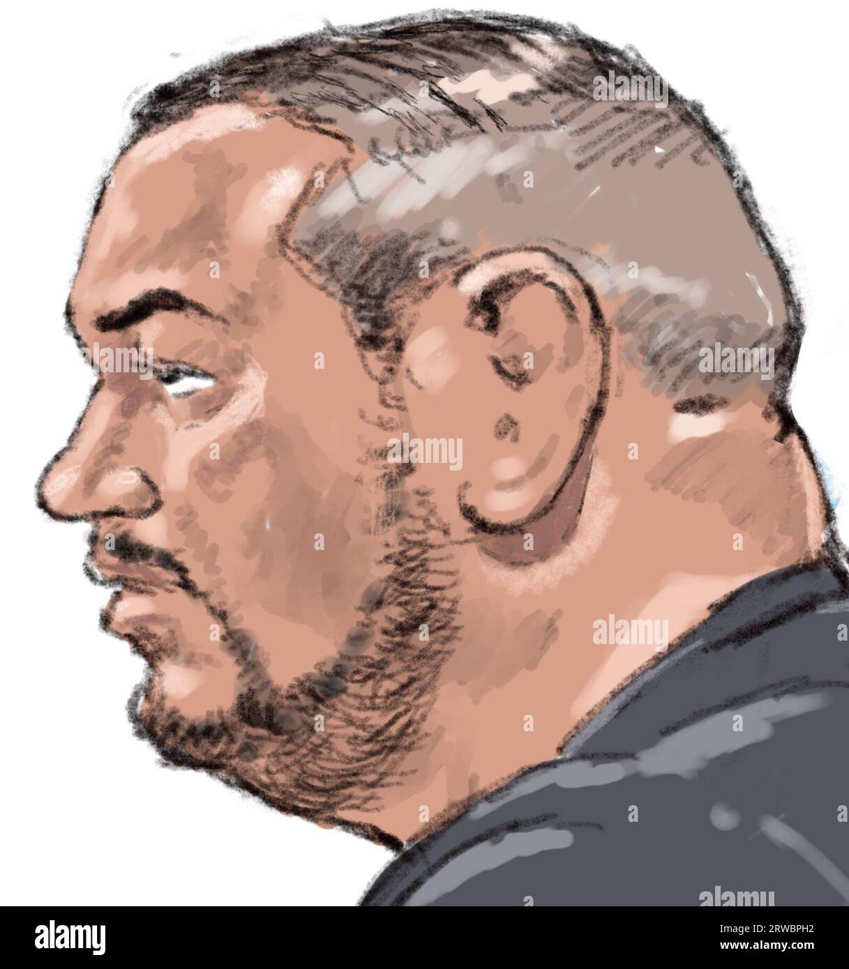 SCHIPHOL - Court drawing of Bilaal E. during the criminal case against the group of men who mistakenly kidnapped the wrong man on August 5, 2021 in Cruquius near Haarlem. The 56-year-old victim was held captive for five days and later injured and thrown out of a car in Delft. ANP ALOYS OOSTERWIJK netherlands out - belgium out Stock Photo